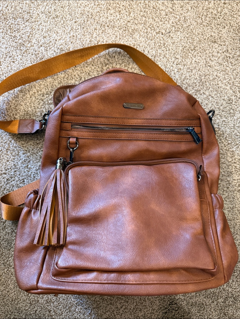 Cluci Faux Leather Tan Backpack with Front Tassel Pocket